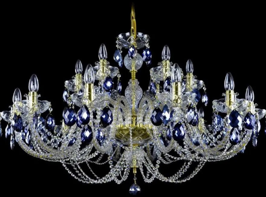 Casa Padrino Luxus Barock Kronleuchter Gold / Blau Ø 107 x H. 70 cm - Prunkvoller Barockstil Kronleuchter mit böhmischen Kristallglas - Edel & Prunkvoll