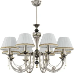 Casa Padrino Luxus Barock Kronleuchter Matt Silber / Weiß / Gold Ø 72 x H. 70 cm - Prunkvoller Barockstil Wohnzimmer Kronleuchter mit Lampenschirmen - Edel & Prunkvoll