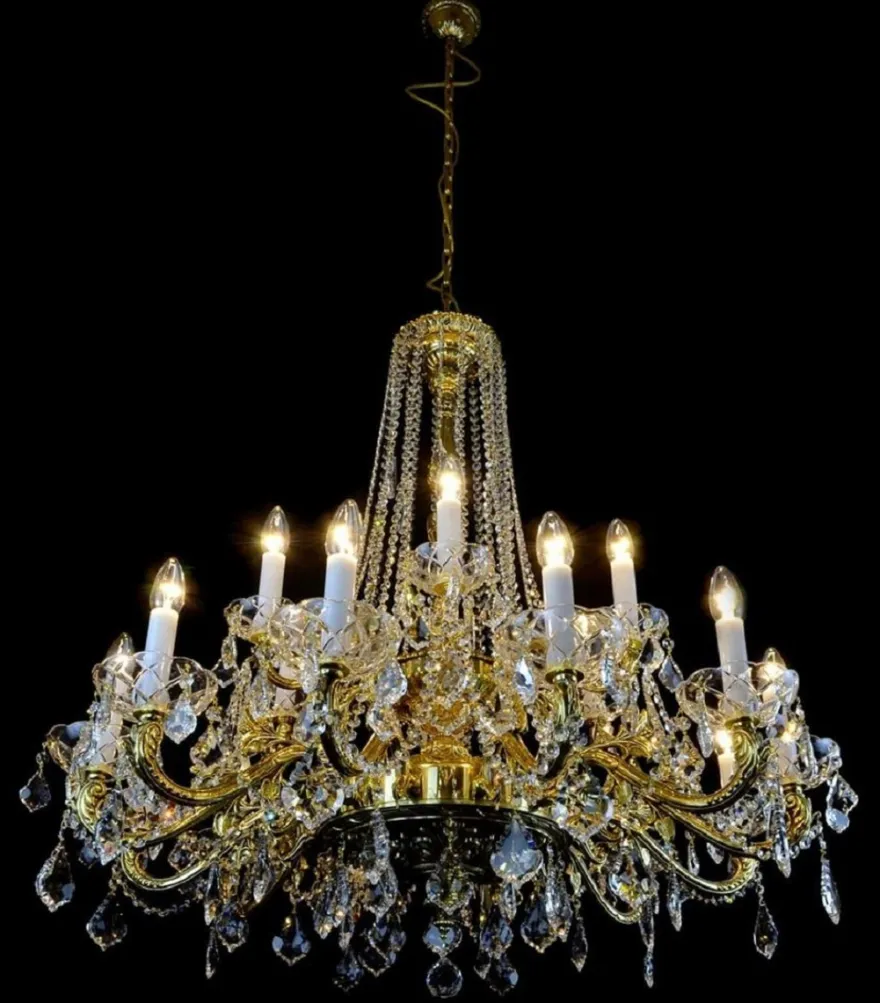 Casa Padrino Luxus Barock Kronleuchter Gold Ø 95 x H. 95 cm - Prunkvoller Messing Kronleuchter mit böhmischen Kristallglas - Barock Möbel - Edel & Prunkvoll