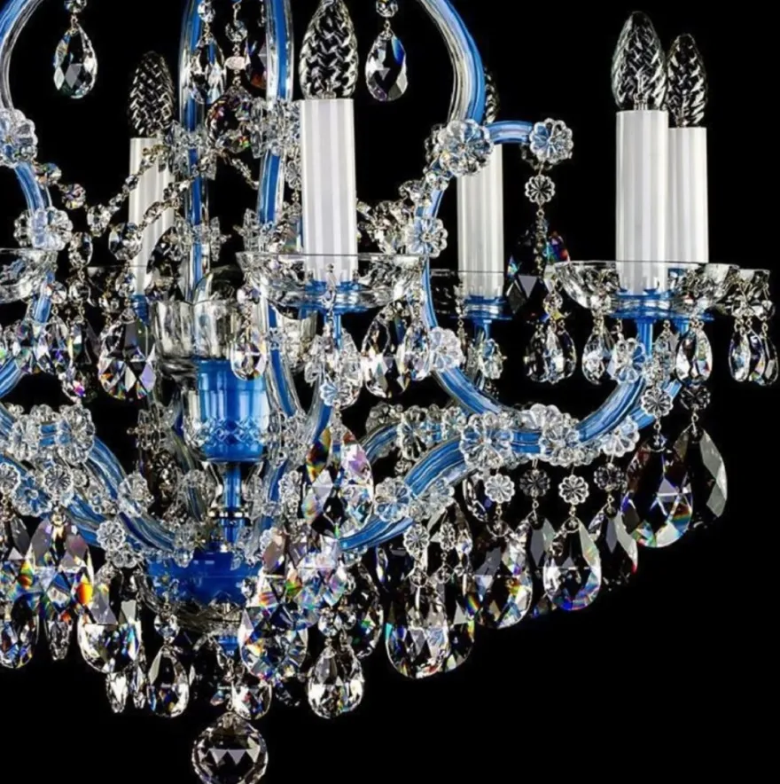 Casa Padrino Luxus Barock Kronleuchter Blau Ø 73 x H. 79 cm - Prunkvoller Kronleuchter mit Böhmischem Kristallglas - Hotel & Restaurant Kronleuchter