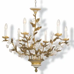 Casa Padrino Luxus Barock Kronleuchter Gold / Weiß Ø 80 cm - Prunkvoller Messing Kronleuchter mit Porzellan Blumen - Made in Italy