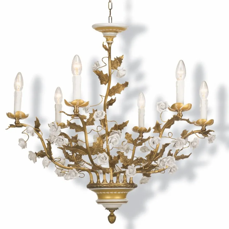 Casa Padrino Luxus Barock Kronleuchter Gold / Weiß Ø 80 cm - Prunkvoller Messing Kronleuchter mit Porzellan Blumen - Made in Italy
