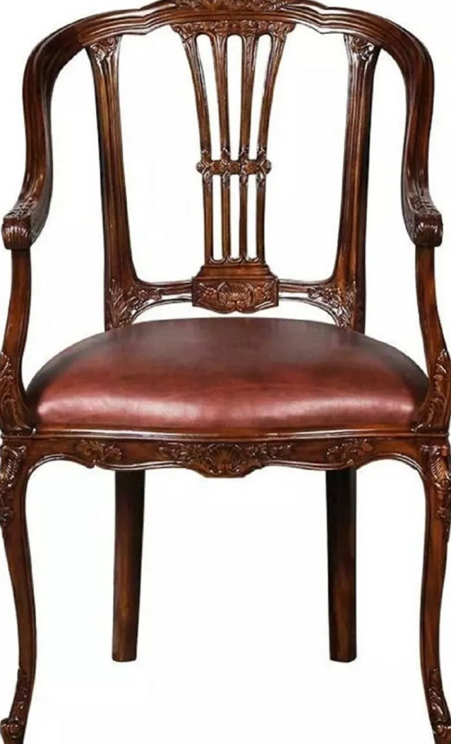 Casa Padrino Luxus Barock Leder Esszimmer Stuhl 6er Set mit Armlehnen Braun - Prunkvolle Barockstil Echtleder Küchen Stühle - Luxus Barock Esszimmer Möbel - Edel & Prunkvoll