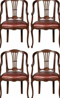 Casa Padrino Luxus Barock Leder Esszimmer Stuhl 4er Set mit Armlehnen Braun - Prunkvolle Barockstil Echtleder Küchen Stühle - Luxus Barock Esszimmer Möbel - Edel & Prunkvoll