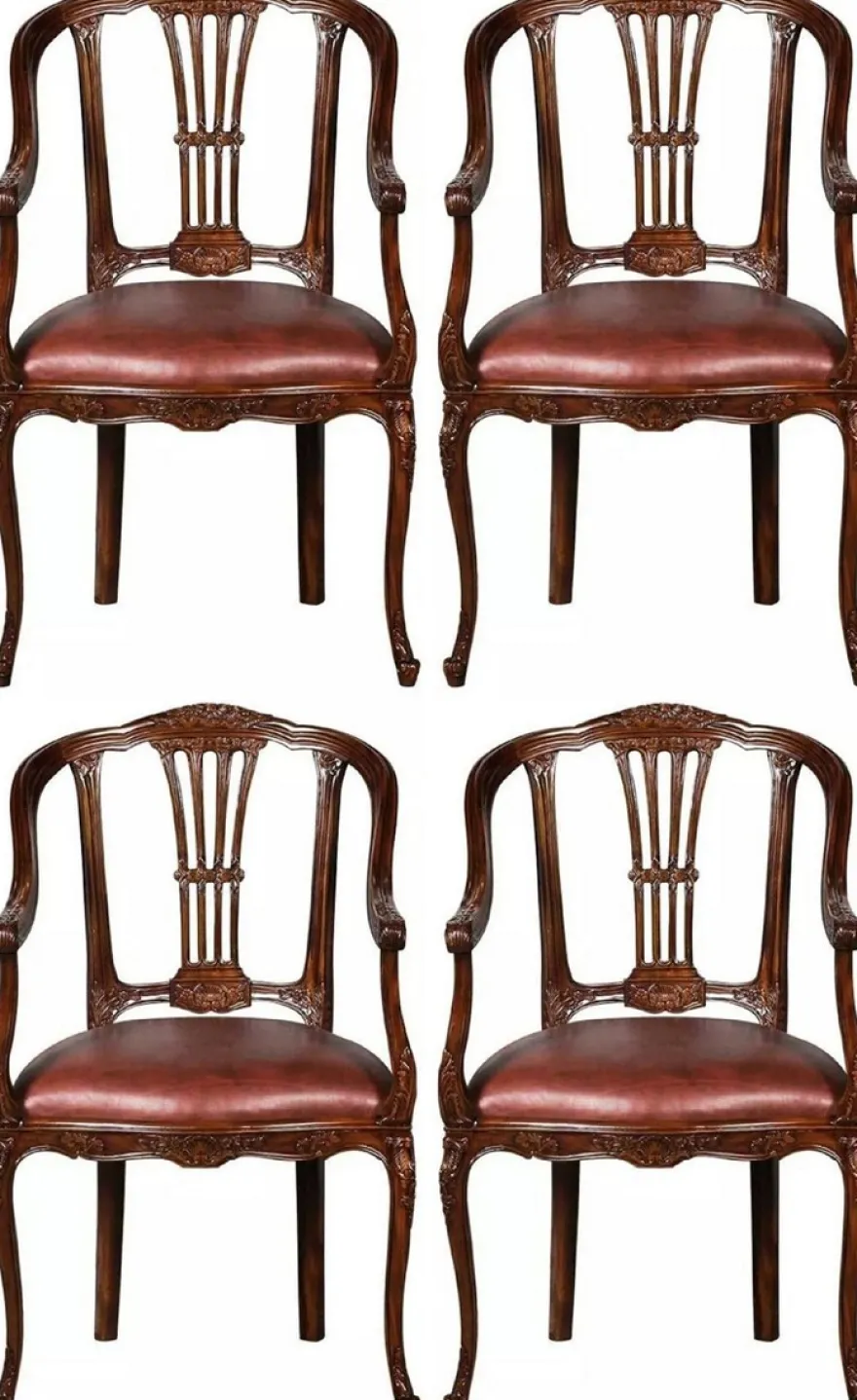 Casa Padrino Luxus Barock Leder Esszimmer Stuhl 4er Set mit Armlehnen Braun - Prunkvolle Barockstil Echtleder Küchen Stühle - Luxus Barock Esszimmer Möbel - Edel & Prunkvoll