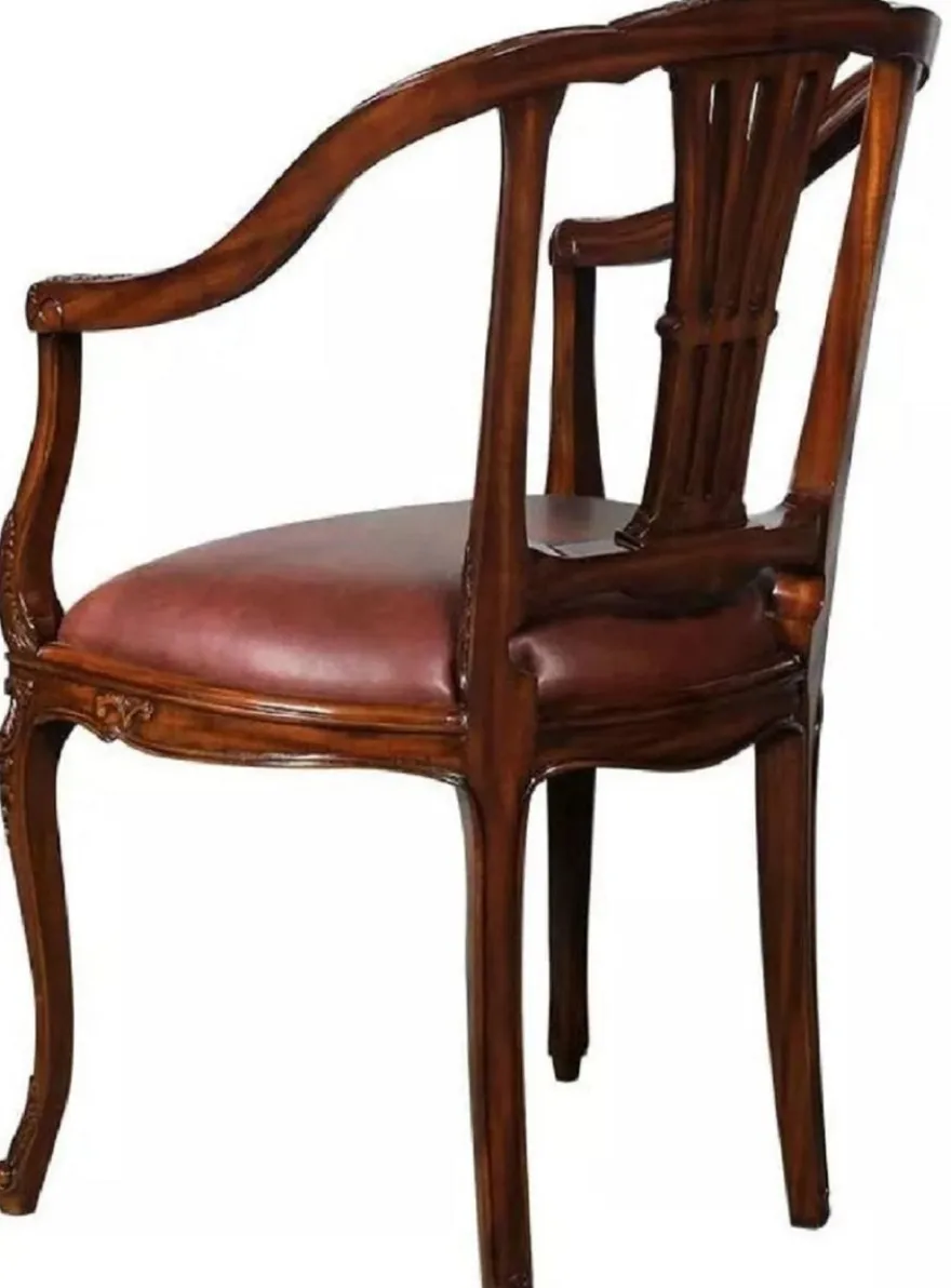 Casa Padrino Luxus Barock Leder Esszimmer Stuhl 4er Set mit Armlehnen Braun - Prunkvolle Barockstil Echtleder Küchen Stühle - Luxus Barock Esszimmer Möbel - Edel & Prunkvoll