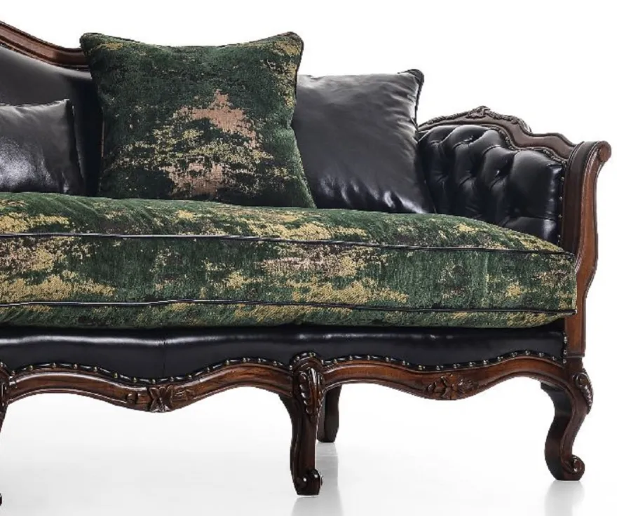 Casa Padrino Luxus Barock Leder Sofa Schwarz / Grün / Braun - Prunkvolles Wohnzimmer Sofa mit hochwertigem Echtleder - Luxus Wohnzimmer Möbel im Barockstil - Barock Möbel - Edel & Prunkvoll