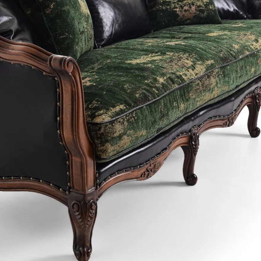 Casa Padrino Luxus Barock Leder Sofa Schwarz / Grün / Braun - Prunkvolles Wohnzimmer Sofa mit hochwertigem Echtleder - Luxus Wohnzimmer Möbel im Barockstil - Barock Möbel - Edel & Prunkvoll