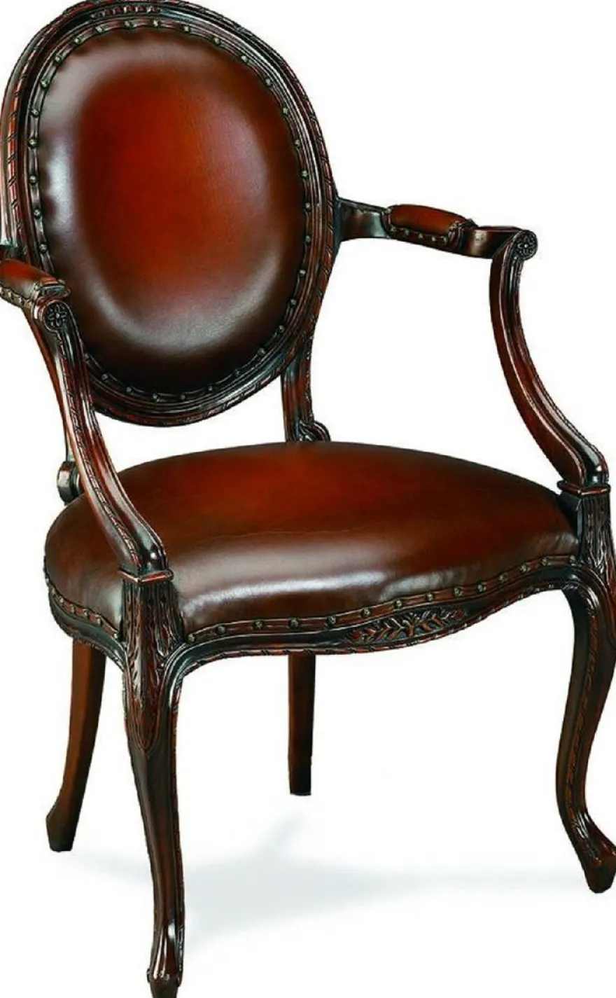 Casa Padrino Luxus Barock Leder Esszimmer Stuhl mit Armlehnen Rotbraun / Braun 61 x 61 x H. 95 cm - Küchenstuhl mit Echtleder - Esszimmer Möbel - Leder Möbel - Barock Möbel - Barock Interior