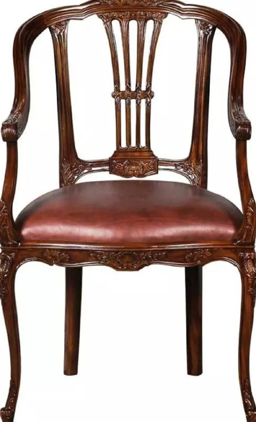 Casa Padrino Luxus Barock Leder Esszimmer Stuhl mit Armlehnen Braun - Prunkvoller Massivholz Küchenstuhl mit edlem Echtleder - Esszimmer Möbel - Leder Möbel - Barock Möbel - Barock Interior