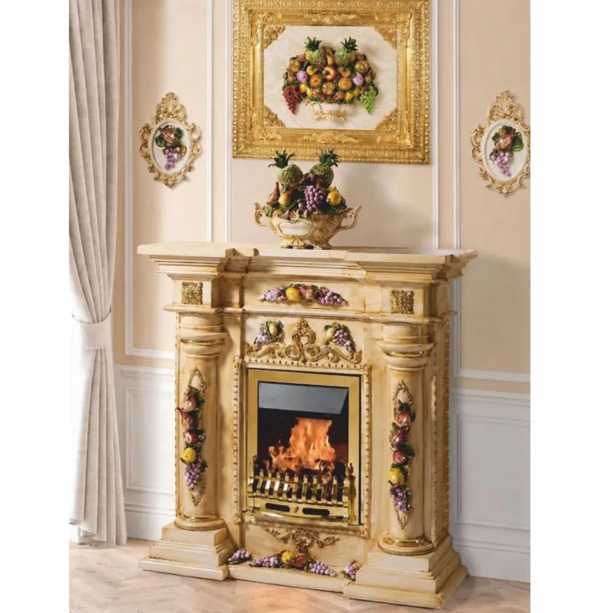 Casa Padrino Luxus Barock LED Keramik Elektrokamin Beige / Bunt / Gold 135 cm - Barock Möbel - Made in Italy