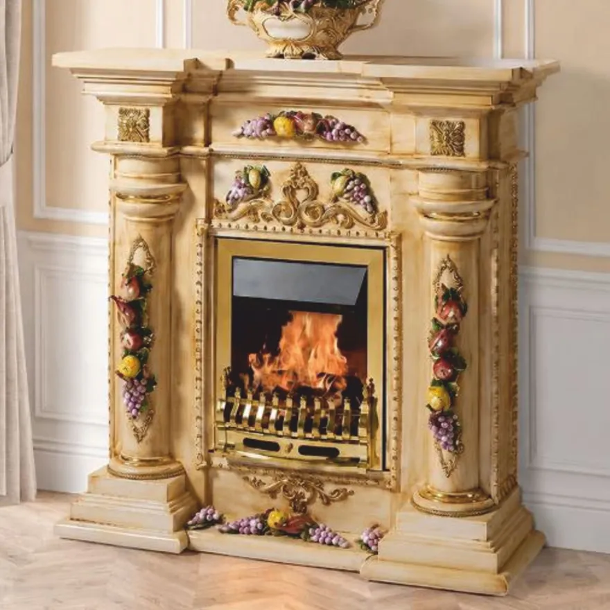 Casa Padrino Luxus Barock LED Keramik Elektrokamin Beige / Bunt / Gold 135 cm - Barock Möbel - Made in Italy