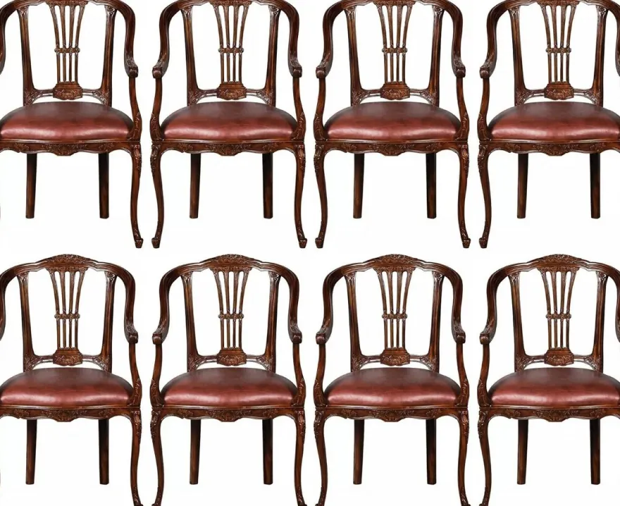 Casa Padrino Luxus Barock Leder Esszimmer Stuhl 8er Set mit Armlehnen Braun - Prunkvolle Barockstil Echtleder Küchen Stühle - Luxus Barock Esszimmer Möbel - Edel & Prunkvoll