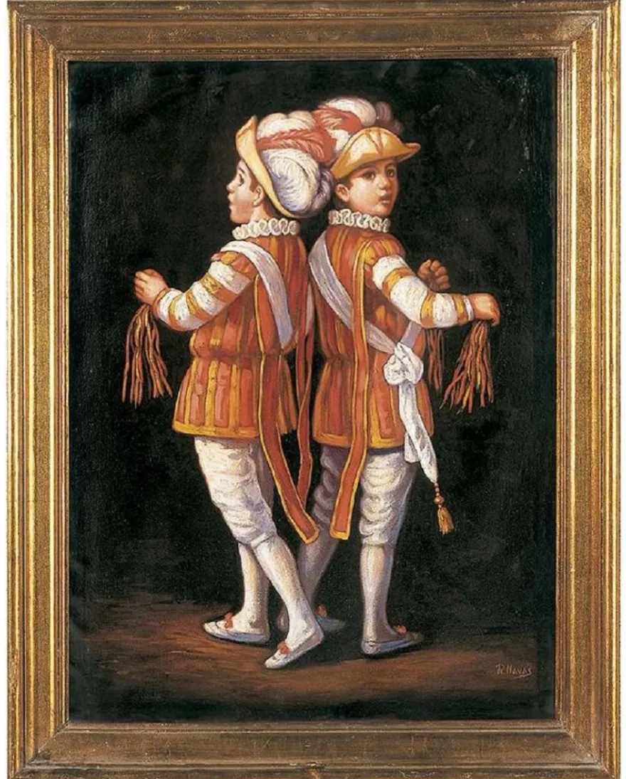 Casa Padrino Luxus Barock Ölgemälde Zwillinge Rot / Mehrfarbig / Gold 64 x H. 82 cm - Handgemaltes Gemälde im Barockstil - Barock Wand Deko