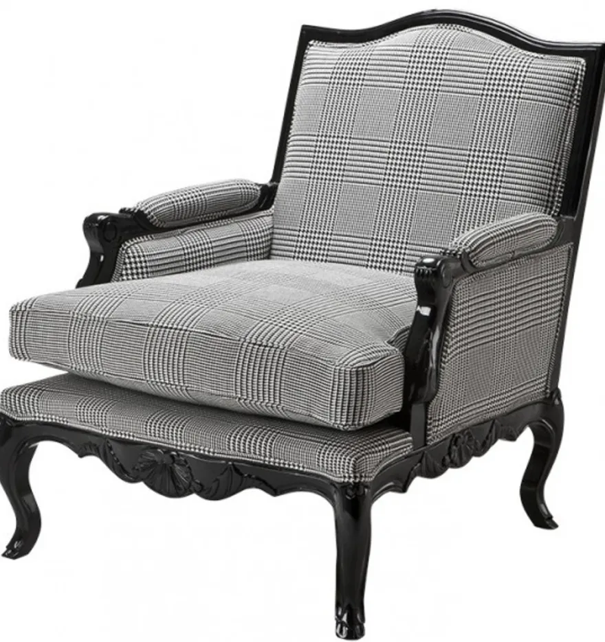 Casa Padrino Luxus Barock Lounge Sessel im karierten Design Schwarz / Grau, 74 x 80 x 91,5 cm