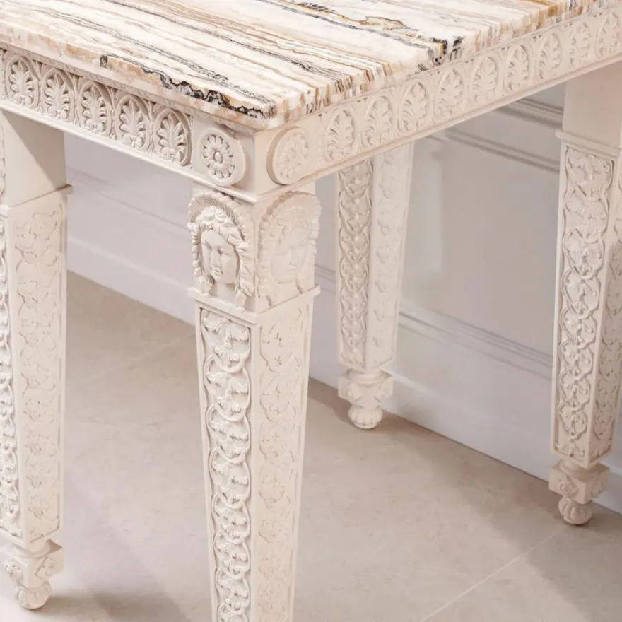 Casa Padrino Luxus Barock Mahagoni Konsole mit Marmorplatte Antik Weiß / Weiß 214 cm