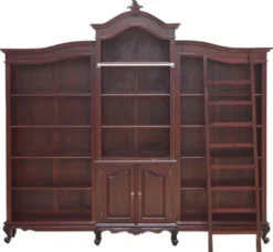 Casa Padrino Luxus Barock Mahagoni Bücherschrank Dunkelbraun 280 x 47 x H. 245 cm - Prunkvoller Barockstil Schrank mit Leiter - Barock Büro Möbel - Edel & Prunkvoll