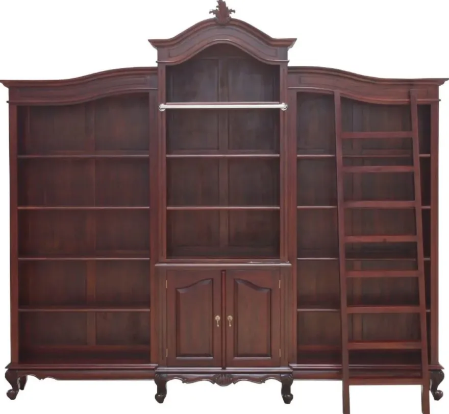 Casa Padrino Luxus Barock Mahagoni Bücherschrank Dunkelbraun 280 x 47 x H. 245 cm - Prunkvoller Barockstil Schrank mit Leiter - Barock Büro Möbel - Edel & Prunkvoll