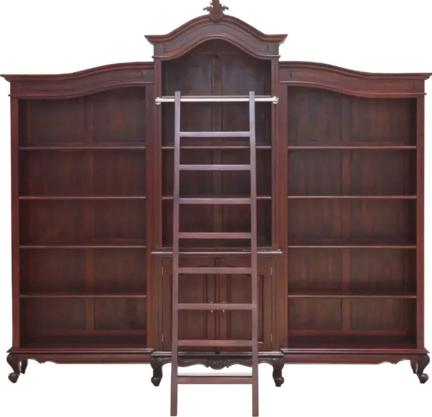 Casa Padrino Luxus Barock Mahagoni Bücherschrank Dunkelbraun 280 x 47 x H. 245 cm - Prunkvoller Barockstil Schrank mit Leiter - Barock Büro Möbel - Edel & Prunkvoll