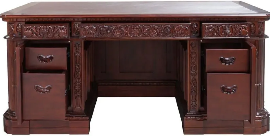 Casa Padrino Luxus Barock Mahagoni Schreibtisch Dunkelbraun / Braun 185 x 125 x H. 83 cm - Prunkvoller Barockstil Massivholz Bürotisch - Mahagoni Büro Möbel - Barock Büro Möbel