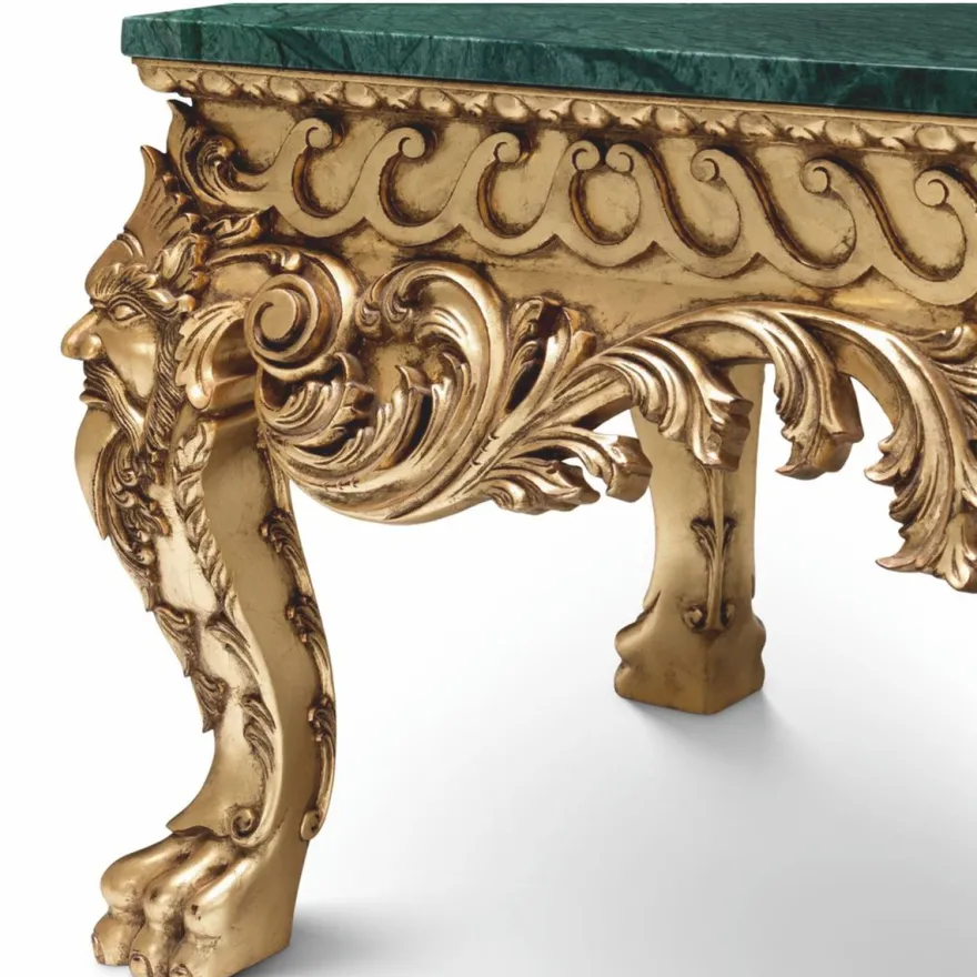 Casa Padrino Luxus Barock Mahagoni Couchtisch mit Marmorplatte Grün / Antik Gold 122 cm - Barockstil Hotel & Wohnzimmer Möbel