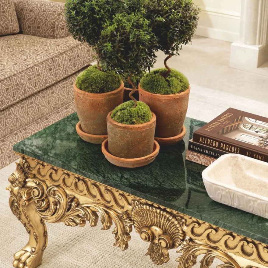 Casa Padrino Luxus Barock Mahagoni Couchtisch mit Marmorplatte Grün / Antik Gold 122 cm - Barockstil Hotel & Wohnzimmer Möbel