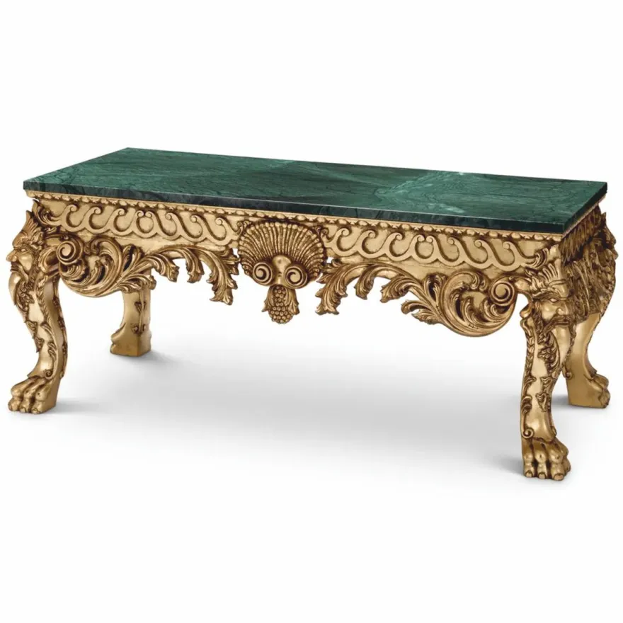 Casa Padrino Luxus Barock Mahagoni Couchtisch mit Marmorplatte Grün / Antik Gold 122 cm - Barockstil Hotel & Wohnzimmer Möbel