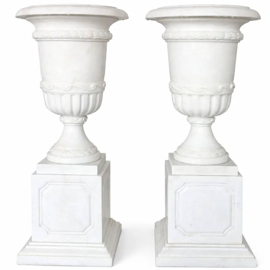 Casa Padrino Luxus Barock Marmor Blumentopf Set auf Säulen Weiß H. 110 cm - Garten Deko