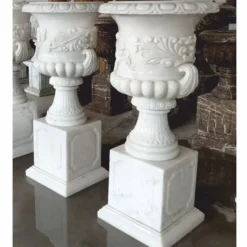 Casa Padrino Luxus Barock Marmor Blumentopf Set auf Säulen Weiß H. 120 cm