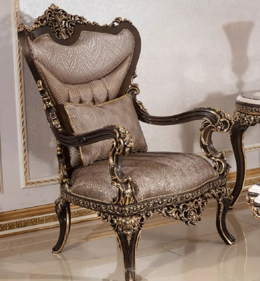 Casa Padrino Luxus Barock Massivholz Sessel Grau / Dunkelbraun / Gold