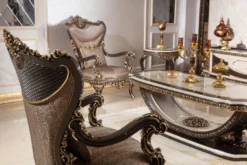 Casa Padrino Luxus Barock Massivholz Sessel Grau / Dunkelbraun / Gold