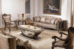 Casa Padrino Luxus Barock Massivholz Sessel Grau / Dunkelbraun / Gold