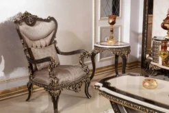 Casa Padrino Luxus Barock Massivholz Sessel Grau / Dunkelbraun / Gold