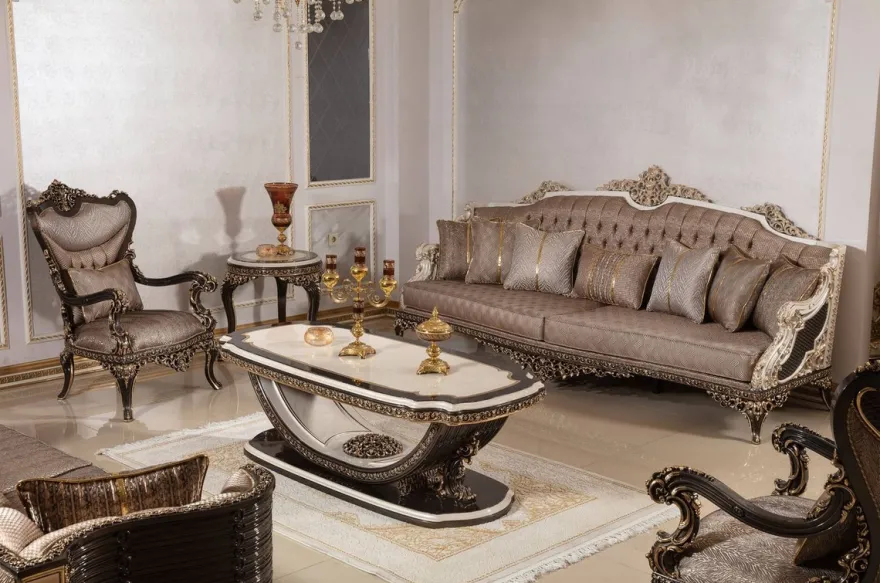 Casa Padrino Luxus Barock Massivholz Sessel Grau / Dunkelbraun / Gold
