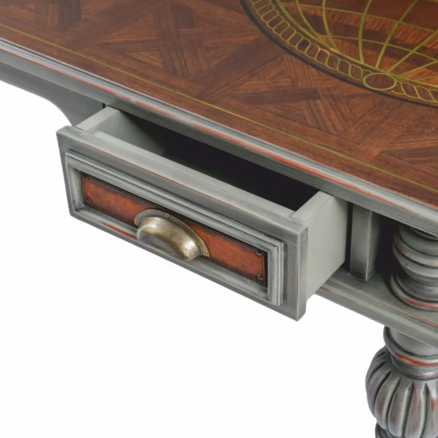 Casa Padrino Luxus Barock Massivholz Schreibtisch Braun / Grau 204 cm - Prunkvolle Büro Möbel - Barockstil Büro Möbel