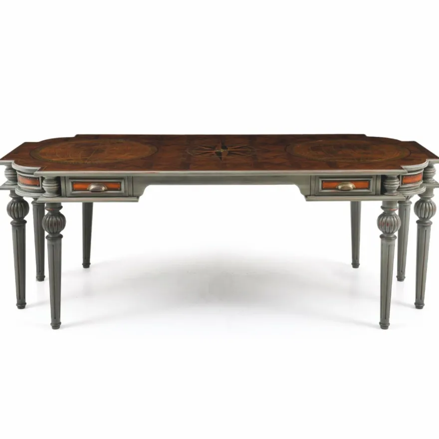 Casa Padrino Luxus Barock Massivholz Schreibtisch Braun / Grau 204 cm - Prunkvolle Büro Möbel - Barockstil Büro Möbel