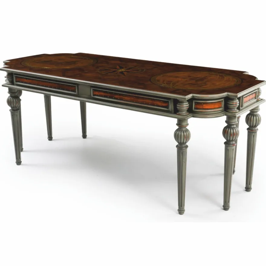 Casa Padrino Luxus Barock Massivholz Schreibtisch Braun / Grau 204 cm - Prunkvolle Büro Möbel - Barockstil Büro Möbel