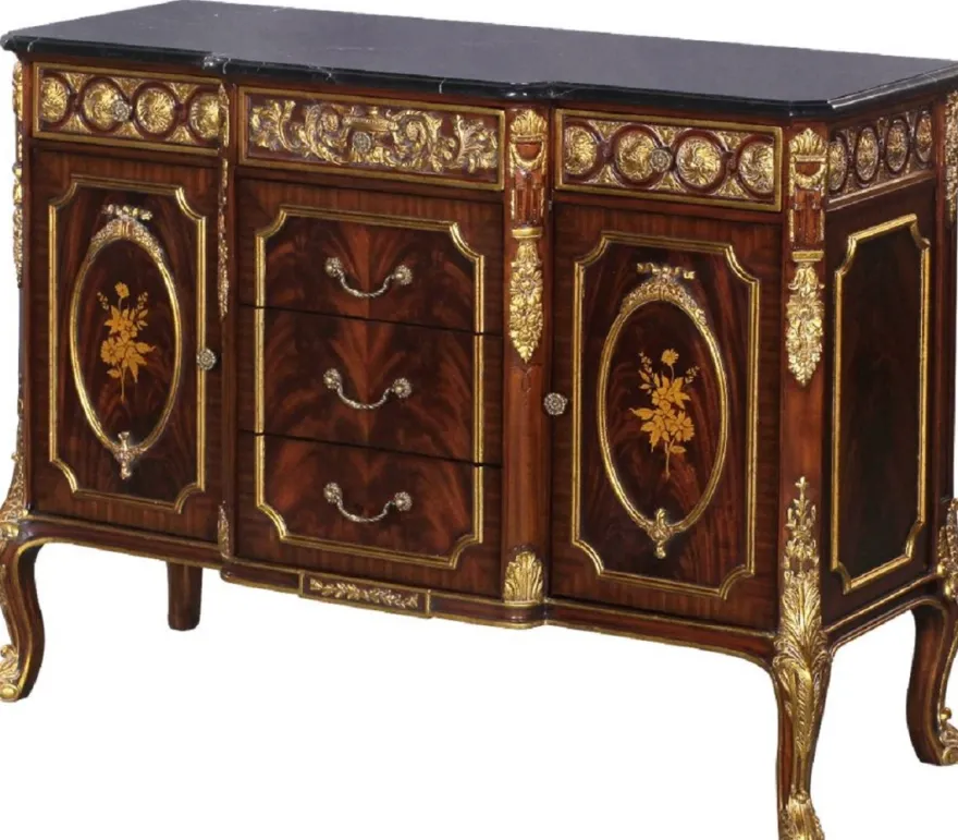 Casa Padrino Luxus Barock Massivholz Kommode mit Marmorplatte Dunkelbraun / Gold / Schwarz - Prunkvolle Barock Möbel