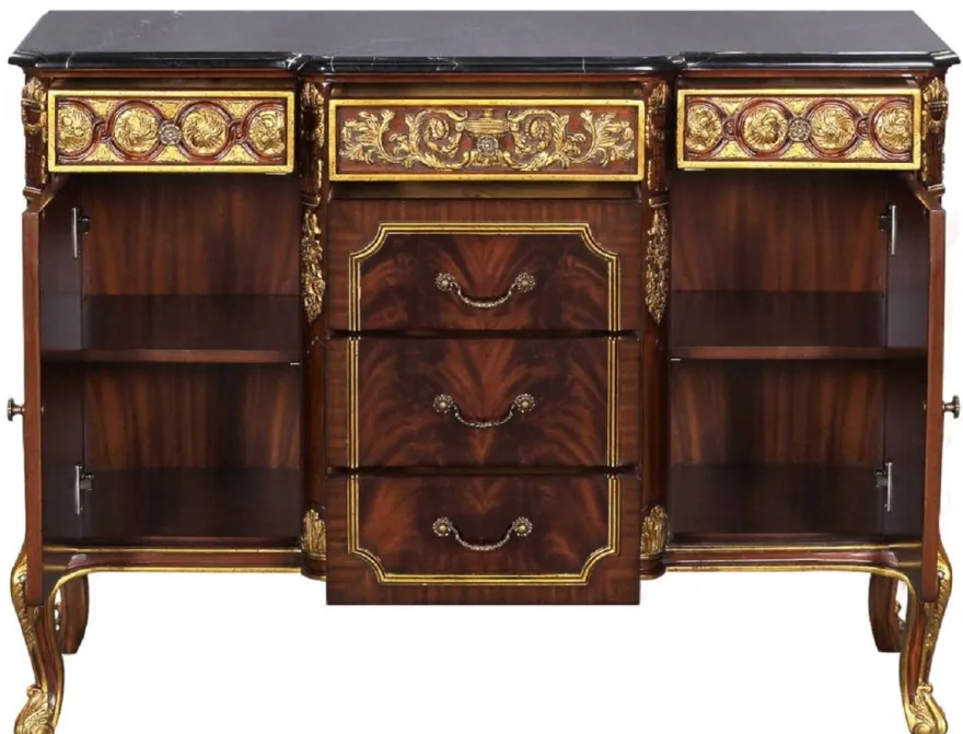 Casa Padrino Luxus Barock Massivholz Kommode mit Marmorplatte Dunkelbraun / Gold / Schwarz - Prunkvolle Barock Möbel