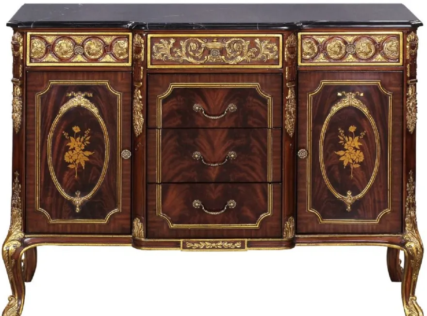 Casa Padrino Luxus Barock Massivholz Kommode mit Marmorplatte Dunkelbraun / Gold / Schwarz - Prunkvolle Barock Möbel
