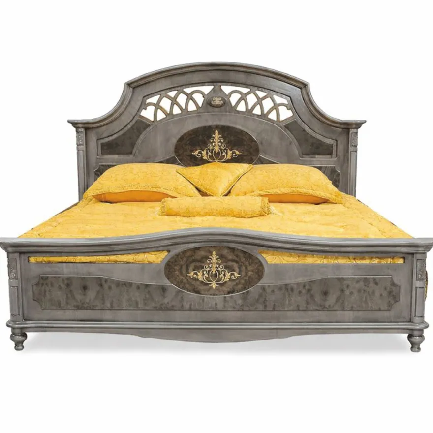 Casa Padrino Luxus Barock Massivholz Doppelbett Grau - Barock Schlafzimmer Möbel