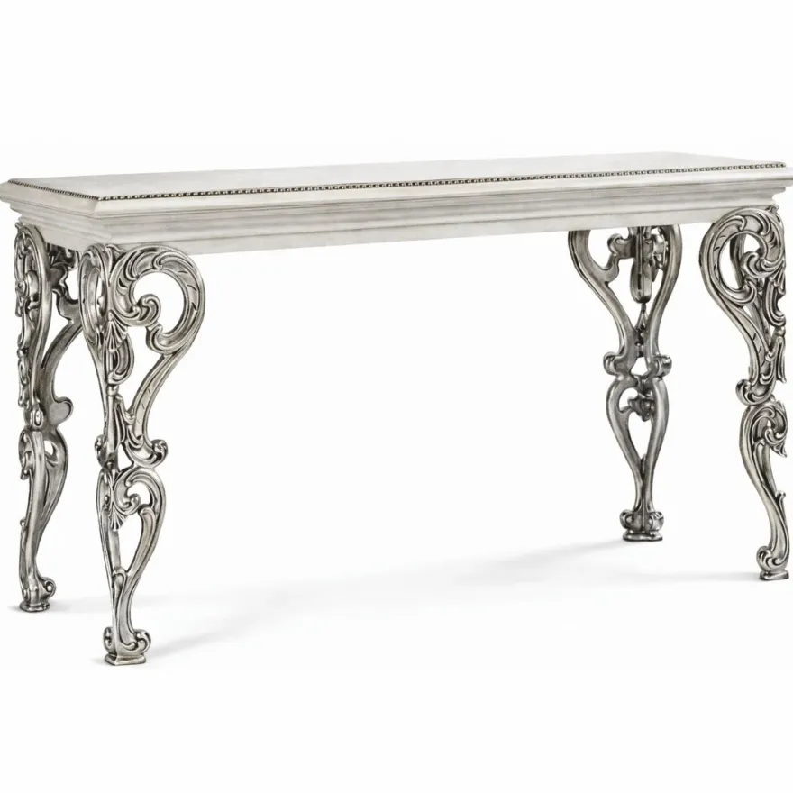 Casa Padrino Luxus Barock Massivholz Konsole Weiß / Silber 140,5 cm - Barock Möbel - Made in Italy