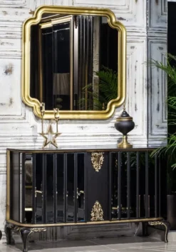 Casa Padrino Luxus Barock Möbel Set Sideboard mit Spiegel Schwarz / Gold - Verspiegelter Massivholz Schrank mit elegantem Wandspiegel - Barock Möbel - Edel & Prunkvoll