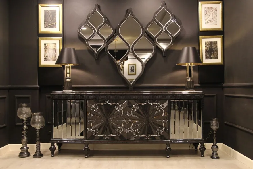 Casa Padrino Luxus Barock Möbel Set Sideboard und 3 Wandspiegel Grau / Schwarz / Silber - Barock Möbel - Edel & Prunkvoll - Luxus Qualität