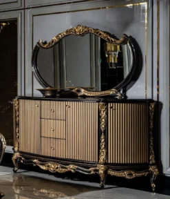 Casa Padrino Luxus Barock Möbel Set Schwarz / Gold - 1 Sideboard mit 4 Türen und 3 Schubladen & 1 Spiegel - Handgefertigte Barock Möbel - Edel & Prunkvoll