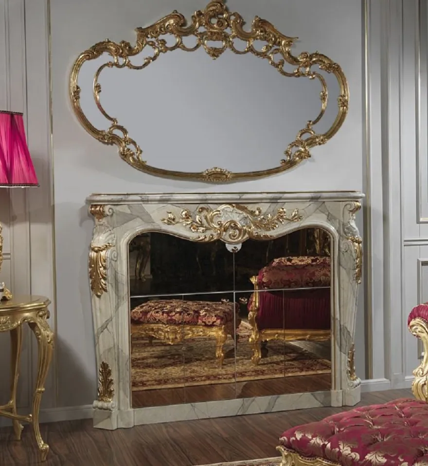Casa Padrino Luxus Barock Möbel Set Kamin Barschrank mit Wandspiegel Grau / Gold - Verspiegelte Kunstmarmor Kamin Bar mit Spiegel - Hotel Restaurant Schloss Möbel - Luxus Qualität - Made in Italy