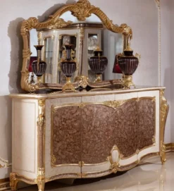Casa Padrino Luxus Barock Möbel Set Weiß / Braun / Gold - 1 Barock Sideboard mit 4 Türen & 1 Barock Wandspiegel - Barock Möbel - Edel & Prunkvoll