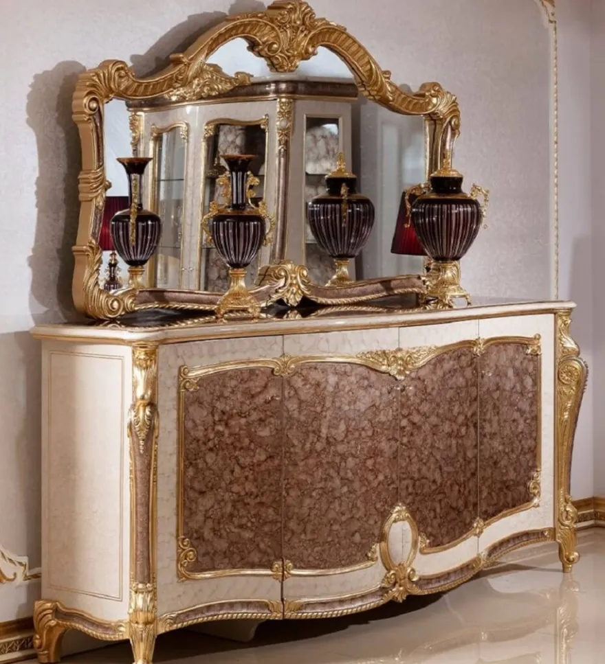 Casa Padrino Luxus Barock Möbel Set Weiß / Braun / Gold - 1 Barock Sideboard mit 4 Türen & 1 Barock Wandspiegel - Barock Möbel - Edel & Prunkvoll