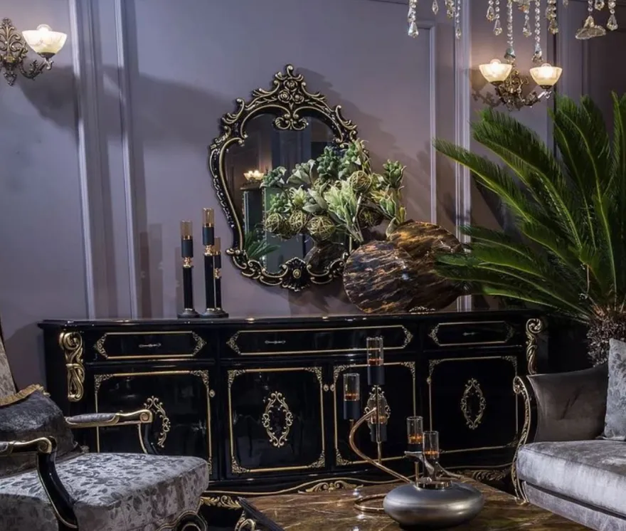 Casa Padrino Luxus Barock Möbel Set Sideboard mit Spiegel Schwarz / Gold - Prunkvoller Massivholz Schrank mit elegantem Wandspiegel - Möbel im Barockstil
