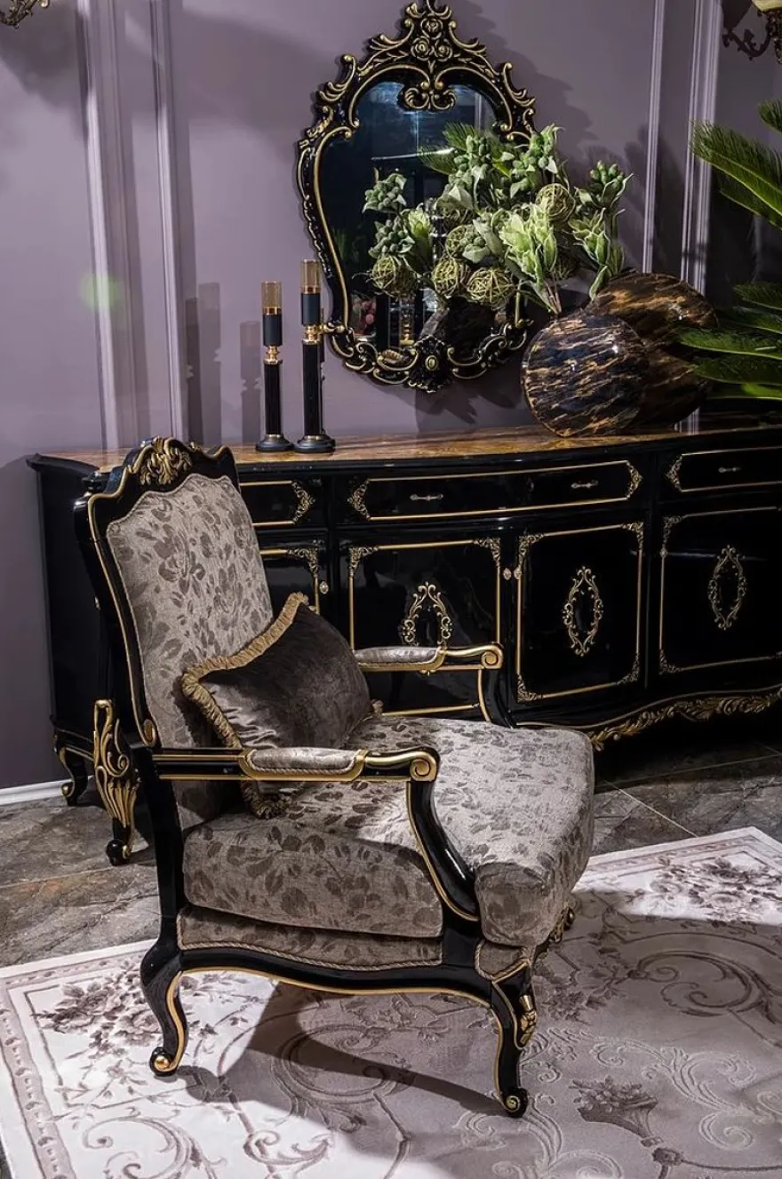 Casa Padrino Luxus Barock Möbel Set Sideboard mit Spiegel Schwarz / Gold - Prunkvoller Massivholz Schrank mit elegantem Wandspiegel - Möbel im Barockstil